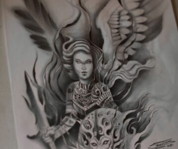 Archangel Michael Black and grey Tattoo